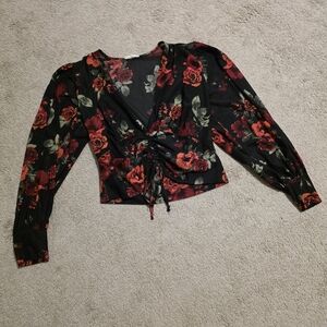Elegant Floral Wrap Blouse - Black and Red